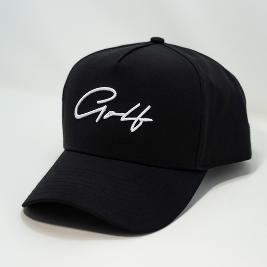 B&C Golf black snapback hat with cursive Golf logo
