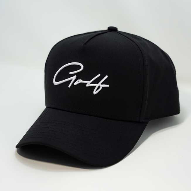 B&C Golf black snapback hat with cursive Golf logo
