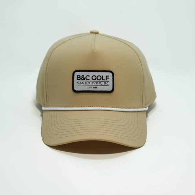 Front view of the B&C Golf Rope Hat in Desert Tan.