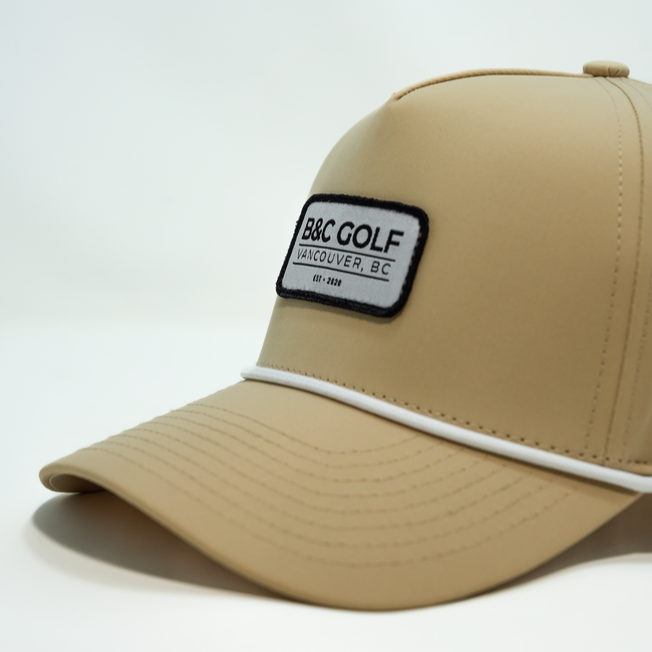 Close up front view of the B&C Golf Rope Hat in Desert Tan.