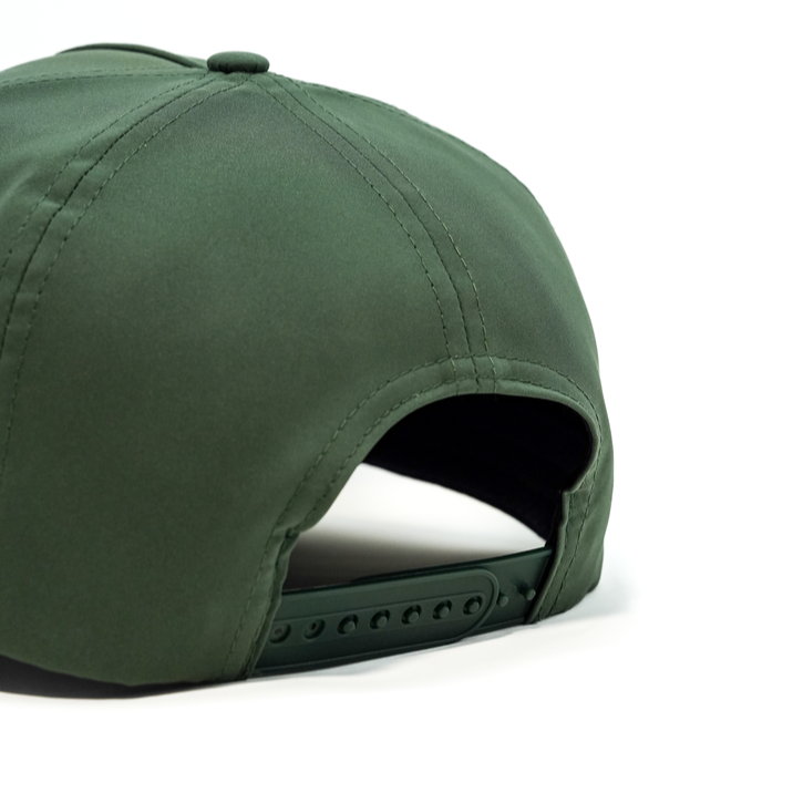 Backwards view of the snapback of the B&C Olive Green Rope Hat.