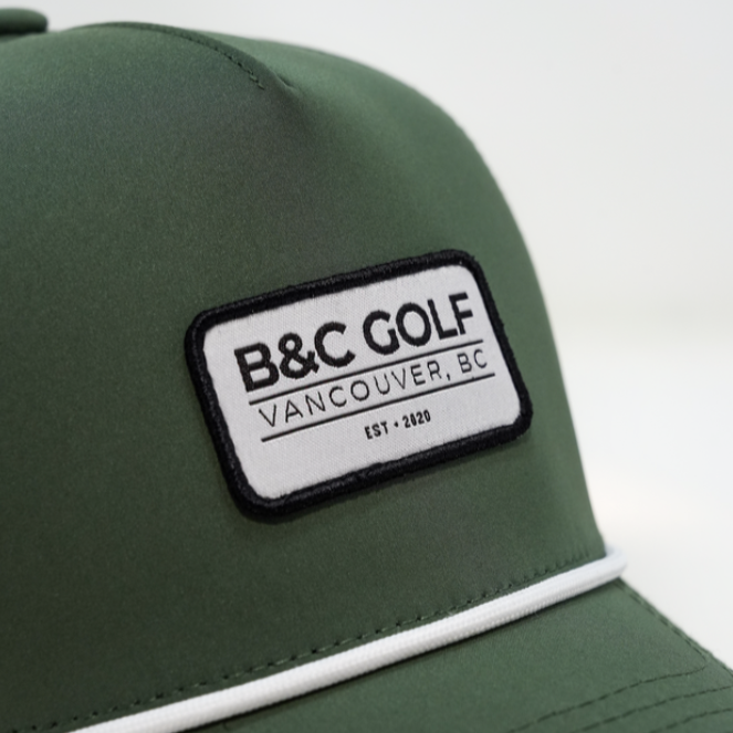 Close up front view of the B&C Golf Rope Hat in Olive Green.