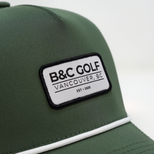 Load image into Gallery viewer, Close up front view of the B&amp;C Golf Rope Hat in Olive Green.
